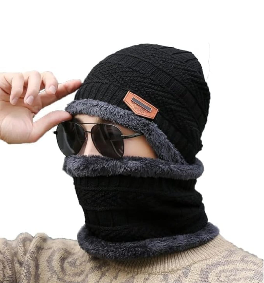 Winter Woolen Cap with Face Cover | 2-in-1 Beanie & Neck Warmer for Men