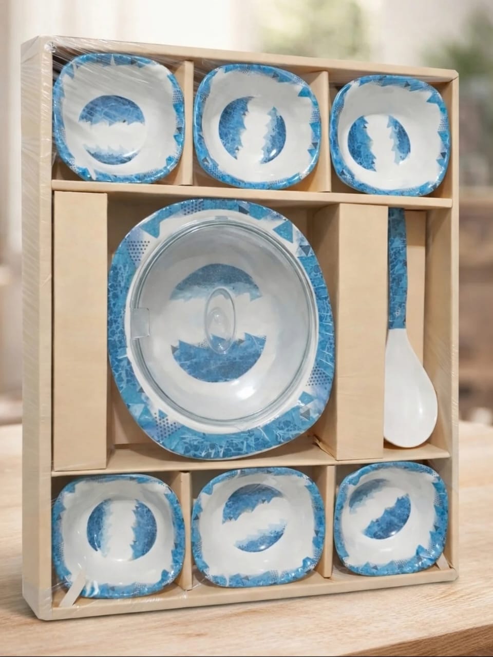 Blue Printed Serving Bowl Set with Lid & Spoon (9 Pieces)