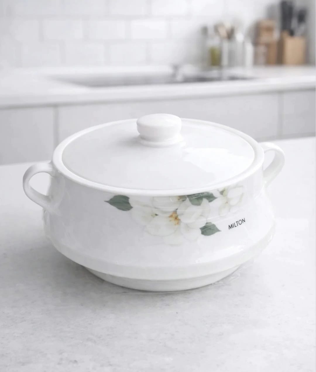 Insulated Casserole with Steel Inner Lid (White Floral Design)
