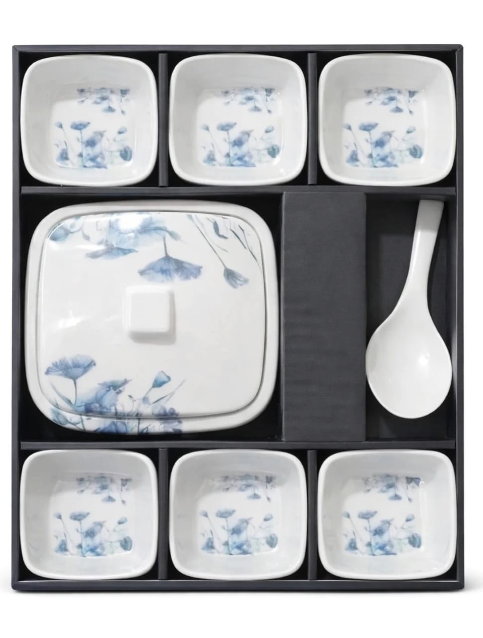 Floral Print Serving Bowl Set with Lid & Spoon (8 Pieces)
