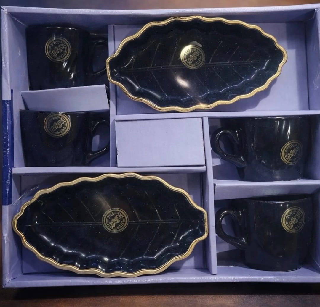 Black Coffee Mug Set with Decorative Serving Trays (6 Cups + 2 Trays)