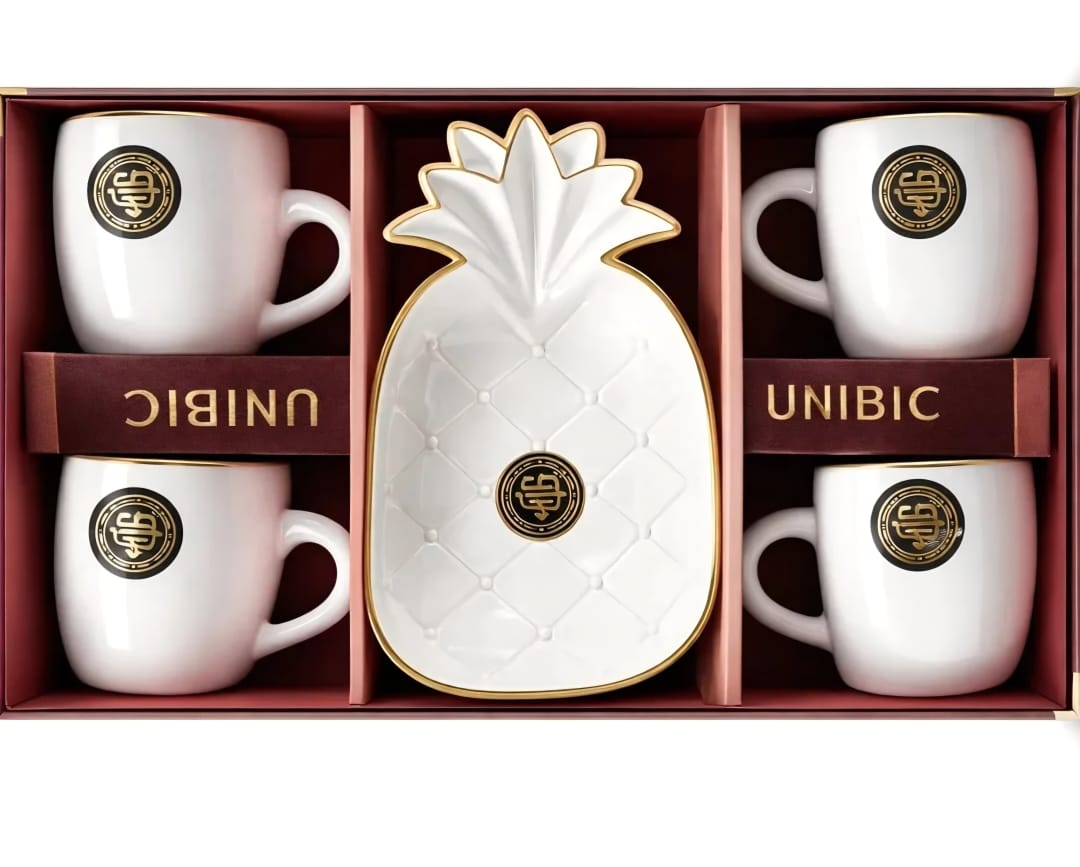 White Coffee Mug Set with Pineapple Shape Snack Tray (4 Cups + 1 Tray)