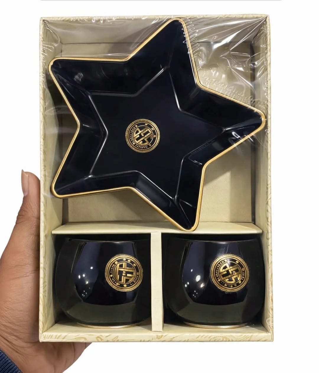 Black Star Shape Snack Tray with 2 Coffee Cups – Premium Gift Set