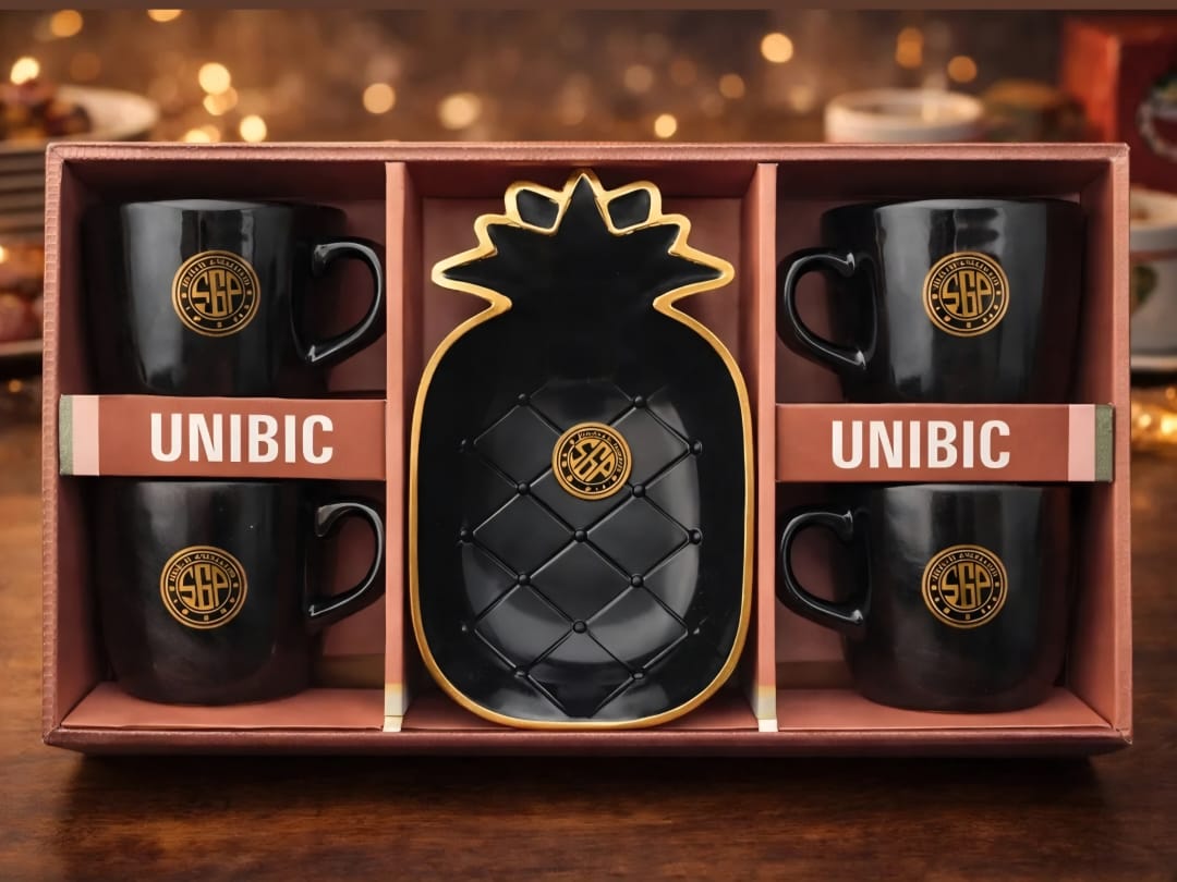 Black Coffee Mug Set with Pineapple Snack Tray (4 Cups + 1 Tray)