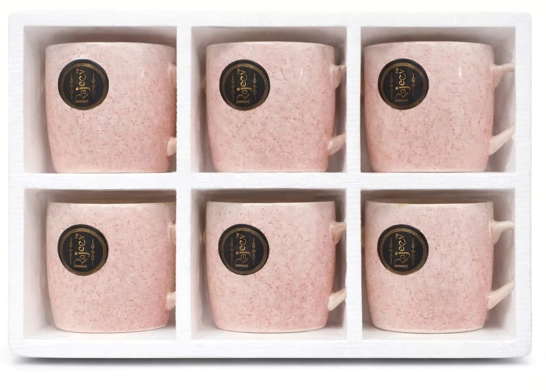Pink Ceramic Coffee Mug Set – 6 Pieces (Premium Stone Finish Design)