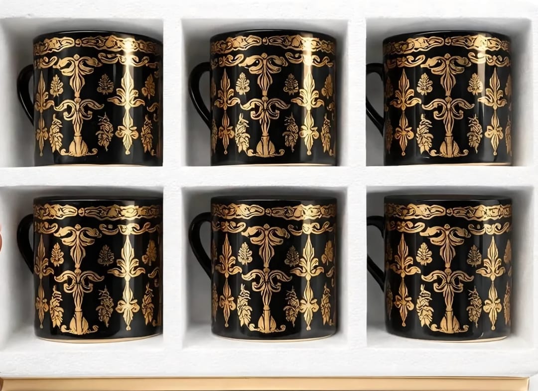 Royal Black & Gold Printed Ceramic Coffee Mug Set – 6 Pieces | Premium Gift Set