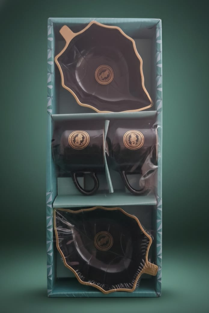 Leaf Design Tea Cup & Snack Tray Combo Set (4 Pieces)