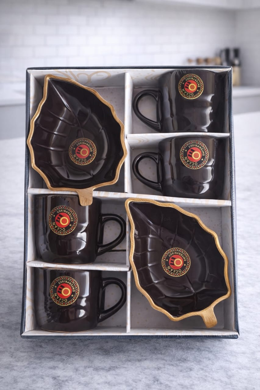 Leaf Design Tea Cup & Serving Tray Combo Set (6 Pieces)