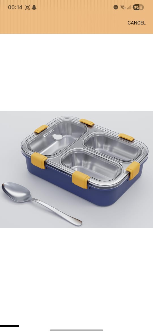 3 Compartment Stainless Steel Lunch Box with Lock Lid & Spoon
